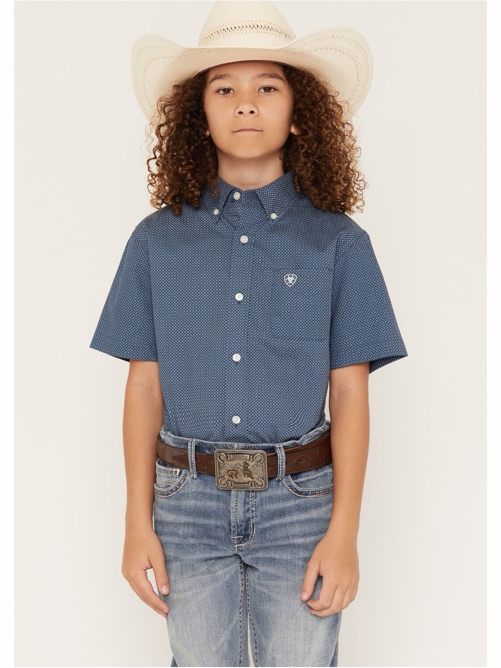 Ariat Boys M 10-12 Geo Print Short Sleeve Button Down Western Shirt Blue